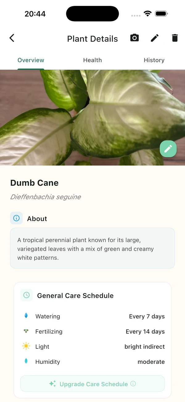 PlantLyfe plant details and care schedule
